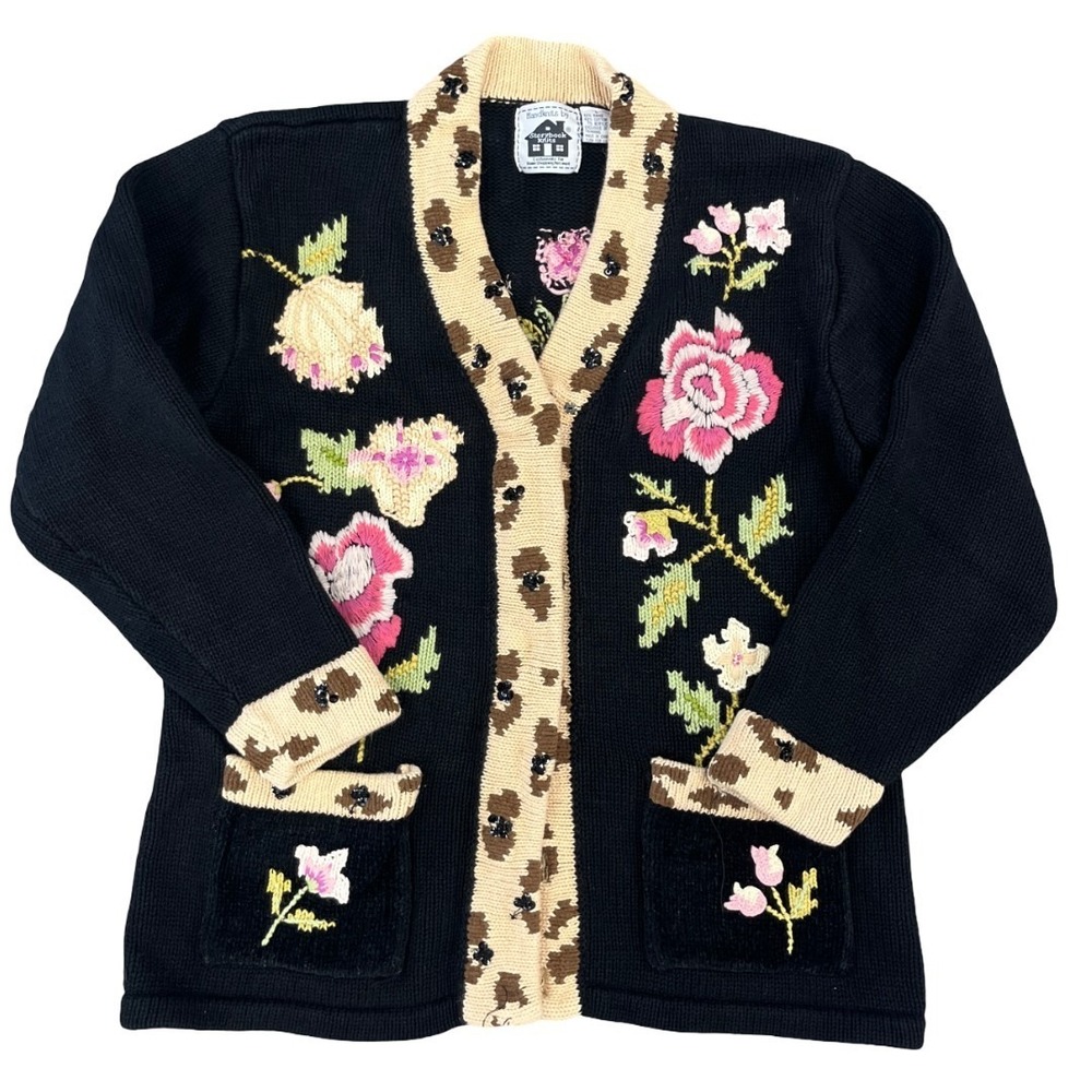 Storybook Knits Black Leopard Trim Floal Cottagecore Cardigan Sweater Size L